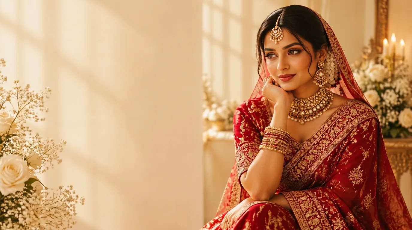 South Asian bride in a red and gold embroidered saree with kundan jewellery, beside cream florals